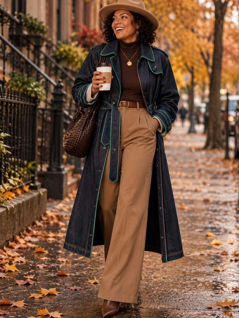 Venezia Dark Indigo Denim Trench Coat with Green Piping